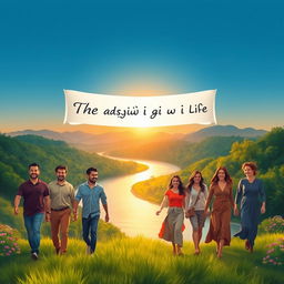 An inspirational scene illustrating the essence of successful living, with a serene landscape featuring a winding river symbolizing the journey of life