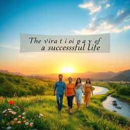 An inspirational scene illustrating the essence of successful living, with a serene landscape featuring a winding river symbolizing the journey of life