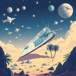 An imaginative illustration of a futuristic spaceship prominently positioned in the center of a desert-like environment