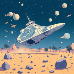 An imaginative illustration of a futuristic spaceship prominently positioned in the center of a desert-like environment