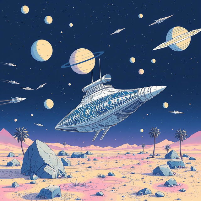 An imaginative illustration of a futuristic spaceship prominently positioned in the center of a desert-like environment