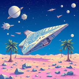 An imaginative illustration of a futuristic spaceship prominently positioned in the center of a desert-like environment