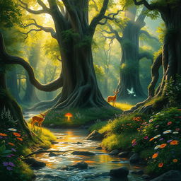A mystical forest filled with towering ancient trees, their trunks gnarled and twisted, and lush green foliage creating a magical atmosphere