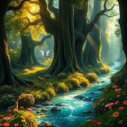 A mystical forest filled with towering ancient trees, their trunks gnarled and twisted, and lush green foliage creating a magical atmosphere