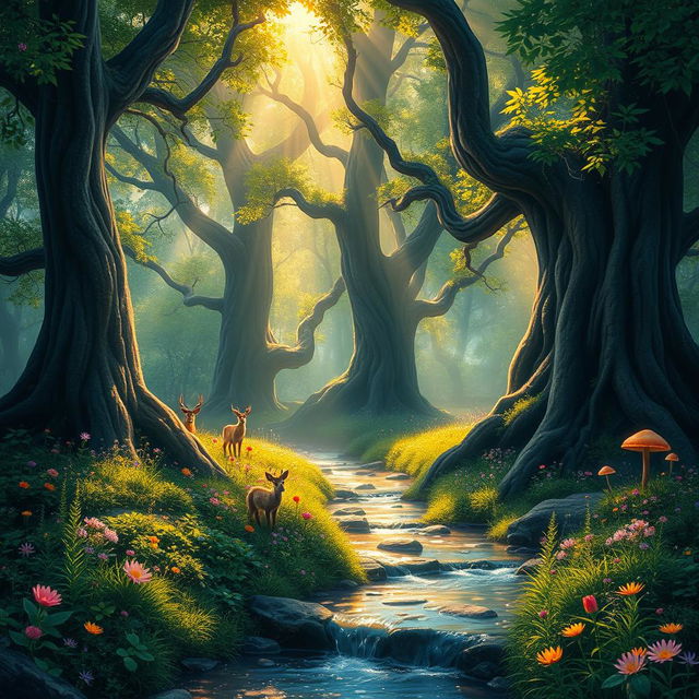 A mystical forest filled with towering ancient trees, their trunks gnarled and twisted, and lush green foliage creating a magical atmosphere