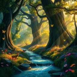 A mystical forest filled with towering ancient trees, their trunks gnarled and twisted, and lush green foliage creating a magical atmosphere