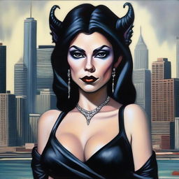 This is a high-quality modern fantasy oil painting of a beautiful Latina goblin queen set in Chicago