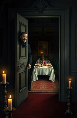 In a creepy old European mansion, a mysterious butler stands at the entrance door, welcoming a guest with a kindly smile