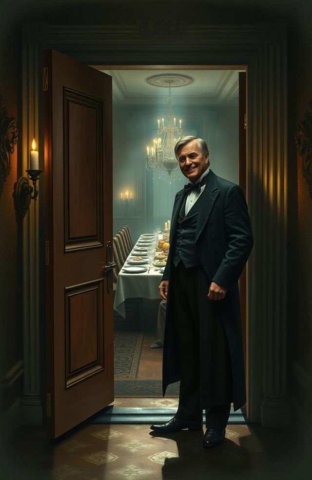 In a creepy old European mansion, a mysterious butler stands at the entrance door, welcoming a guest with a kindly smile