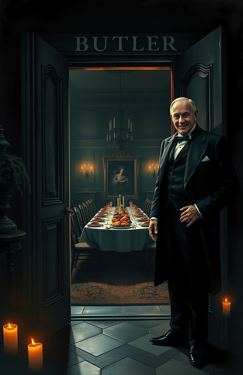 In a creepy old European mansion, a mysterious butler stands at the entrance door, welcoming a guest with a kindly smile