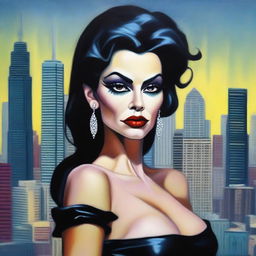 This is a high-quality modern fantasy oil painting of a beautiful Latina goblin queen set in Chicago