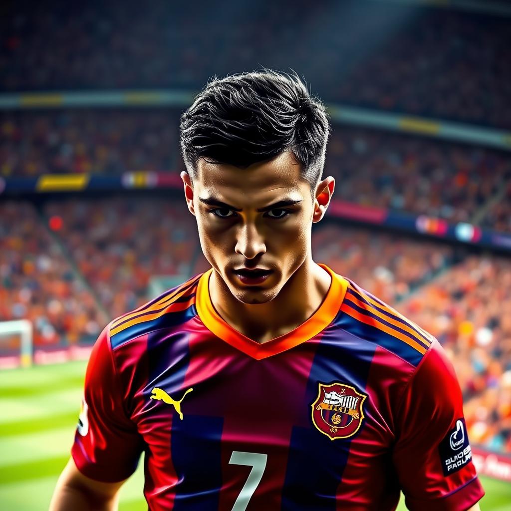 A stunning portrait of a male soccer player, showcasing an athlete with a muscular build, short dark hair, and a focused expression, wearing a soccer jersey with bold colors and the number 7 emblazoned on it