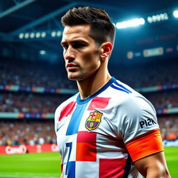 A stunning portrait of a male soccer player, showcasing an athlete with a muscular build, short dark hair, and a focused expression, wearing a soccer jersey with bold colors and the number 7 emblazoned on it