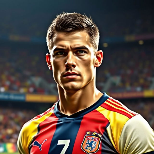 A stunning portrait of a male soccer player, showcasing an athlete with a muscular build, short dark hair, and a focused expression, wearing a soccer jersey with bold colors and the number 7 emblazoned on it