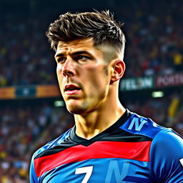 A stunning portrait of a male soccer player, showcasing an athlete with a muscular build, short dark hair, and a focused expression, wearing a soccer jersey with bold colors and the number 7 emblazoned on it