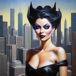 This is a high-quality modern fantasy oil painting of a beautiful Latina goblin queen set in Chicago