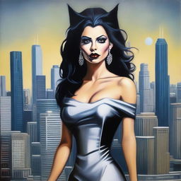 This is a high-quality modern fantasy oil painting of a beautiful Latina goblin queen set in Chicago