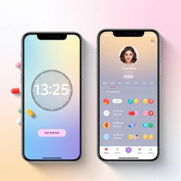 A beautifully designed smartphone interface for a medication management app, featuring a vibrant and modern aesthetic