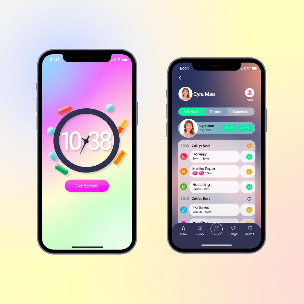 A beautifully designed smartphone interface for a medication management app, featuring a vibrant and modern aesthetic