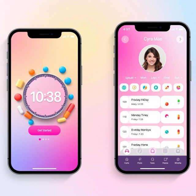 A beautifully designed smartphone interface for a medication management app, featuring a vibrant and modern aesthetic