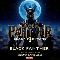 An exciting teaser poster for "Black Panther 3: Rise of the New King – Shadows of Wakanda" featuring a striking design that embodies the essence of Wakanda