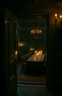 In a creepy European style old mansion, a mysterious door slightly ajar reveals a glimpse into the eerie interior