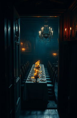 In a creepy European style old mansion, a mysterious door slightly ajar reveals a glimpse into the eerie interior