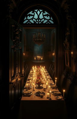 In a creepy European style old mansion, a mysterious door slightly ajar reveals a glimpse into the eerie interior