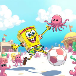 A whimsical illustration of SpongeBob SquarePants engaged in a spirited sport, showcasing his energetic personality