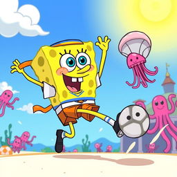 A whimsical illustration of SpongeBob SquarePants engaged in a spirited sport, showcasing his energetic personality