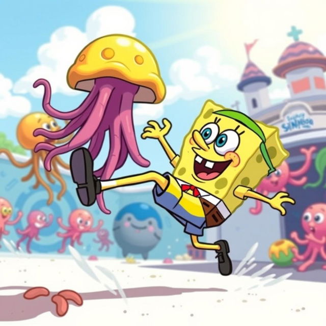 A whimsical illustration of SpongeBob SquarePants engaged in a spirited sport, showcasing his energetic personality