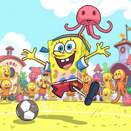 A whimsical illustration of SpongeBob SquarePants engaged in a spirited sport, showcasing his energetic personality