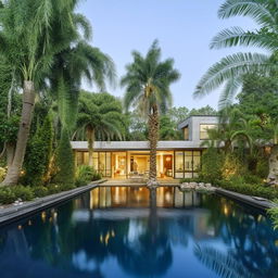 A three-story modern tropical industrial house with a swimming pool, surrounded by numerous trees. A large backyard features a gazebo above a fish pond. The property includes a spacious garage accommodating 12 cars.