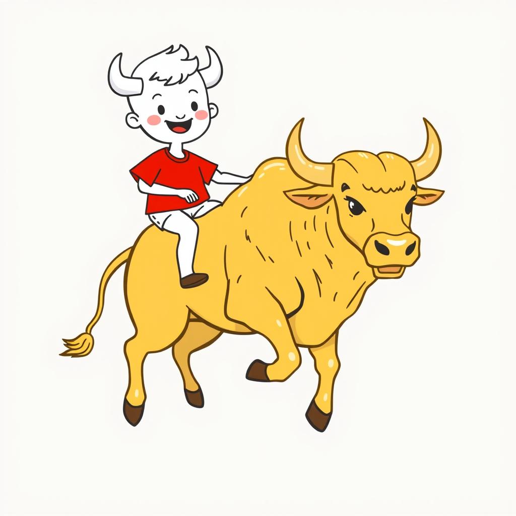 A whimsical white cartoon character wearing a bright red T-shirt riding a majestic golden bull, illustrated in a playful hand-drawn style with clear outlines