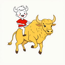 A whimsical white cartoon character wearing a bright red T-shirt riding a majestic golden bull, illustrated in a playful hand-drawn style with clear outlines