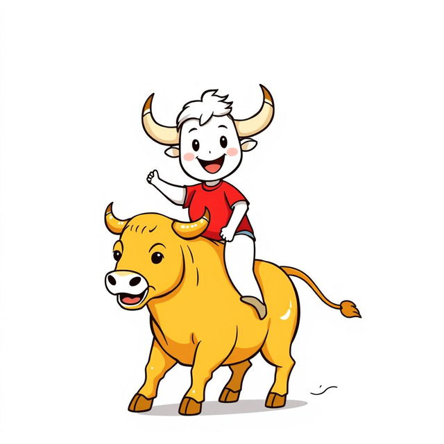 A whimsical white cartoon character wearing a bright red T-shirt riding a majestic golden bull, illustrated in a playful hand-drawn style with clear outlines