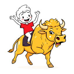 A whimsical white cartoon character wearing a bright red T-shirt riding a majestic golden bull, illustrated in a playful hand-drawn style with clear outlines