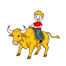 A whimsical white cartoon character wearing a bright red T-shirt riding a majestic golden bull, illustrated in a playful hand-drawn style with clear outlines