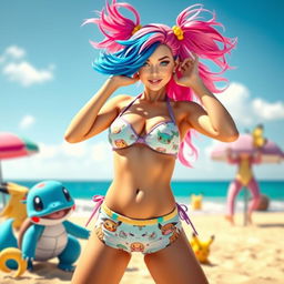 A dynamic and vibrant scene featuring a stunning Pokemon-themed girl in a hot bikini