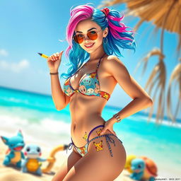 A dynamic and vibrant scene featuring a stunning Pokemon-themed girl in a hot bikini