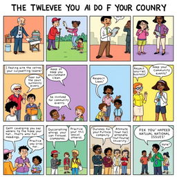 A vibrant and engaging comic strip illustrating "The Twelve Things You Can Do For Your Country"