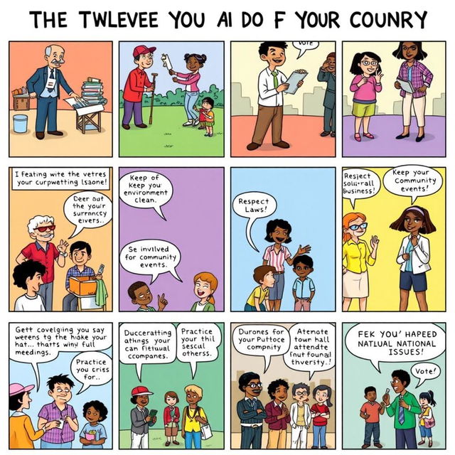 A vibrant and engaging comic strip illustrating "The Twelve Things You Can Do For Your Country"