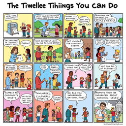 A vibrant and engaging comic strip illustrating "The Twelve Things You Can Do For Your Country"