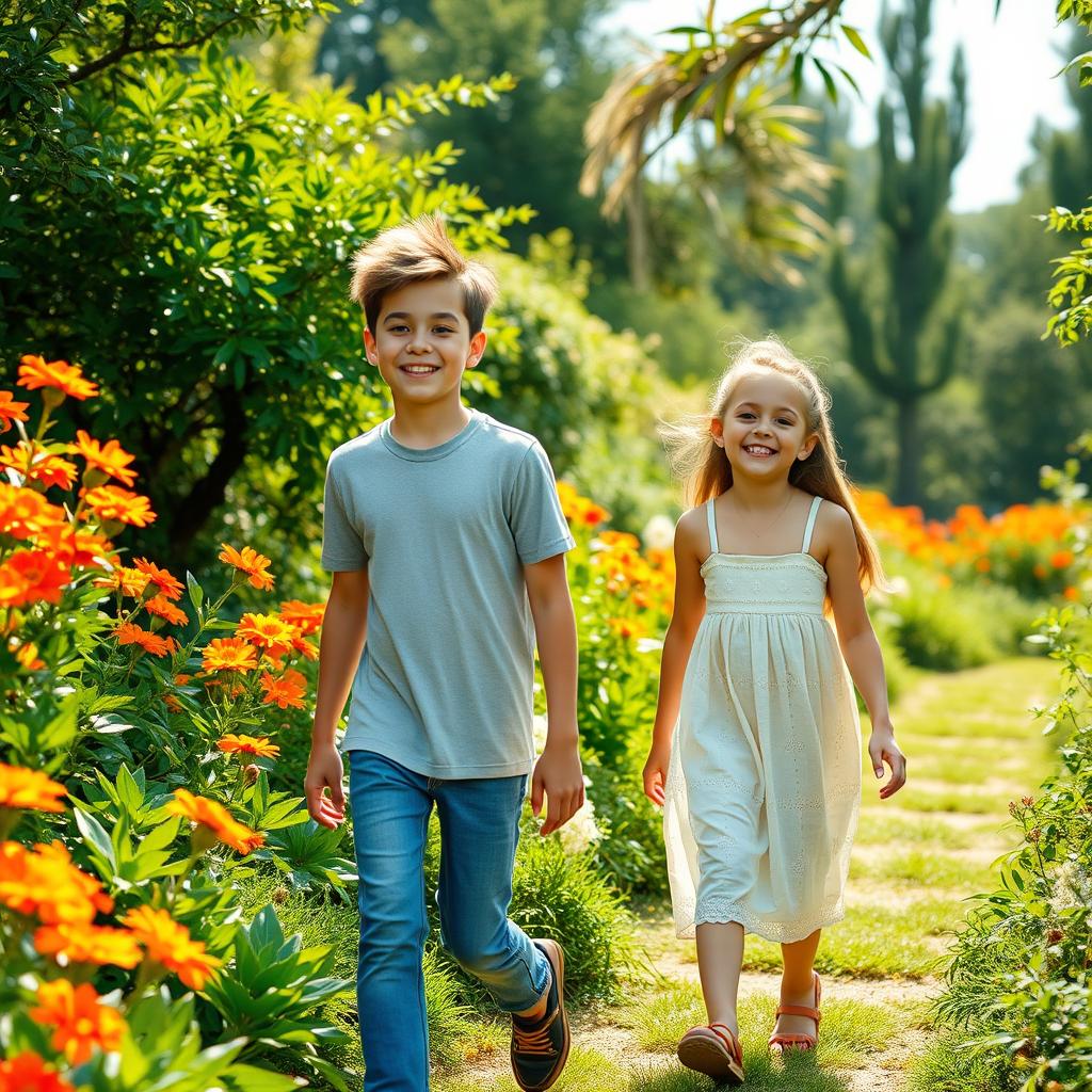 A 25-year-old boy and a girl walking in a lush, vibrant garden