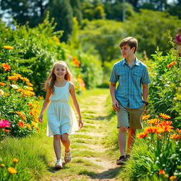 A 25-year-old boy and a girl walking in a lush, vibrant garden