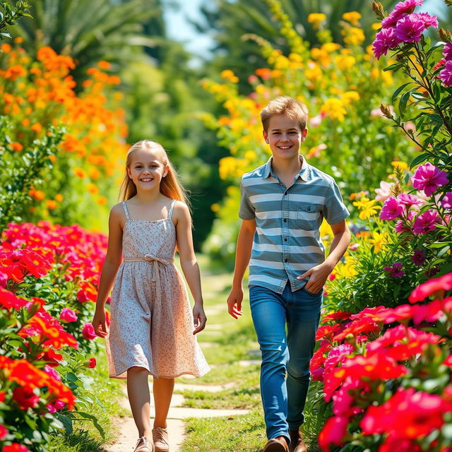 A 25-year-old boy and a girl walking in a lush, vibrant garden