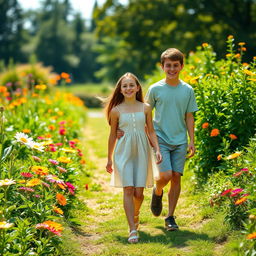 A 25-year-old boy and a girl walking in a lush, vibrant garden