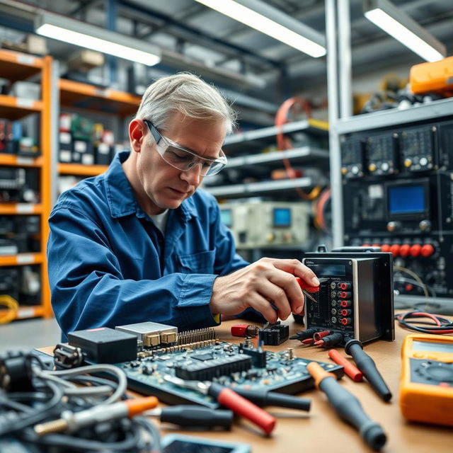 A close-up image of a technician in a workshop repairing a Programmable Logic Controller (PLC)