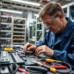 A close-up image of a technician in a workshop repairing a Programmable Logic Controller (PLC)