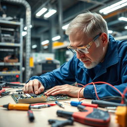 A close-up image of a technician in a workshop repairing a Programmable Logic Controller (PLC)
